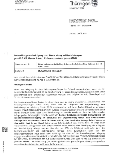 Freistellungsbescheinigung bei Sicherheitstechnik Liebing & Beese GmbH in Gera